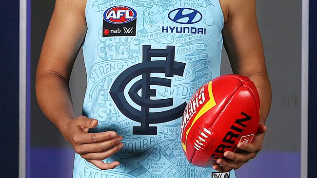 A close up of Carlton's AFLW clash guernsey. Picture: Ian Currie