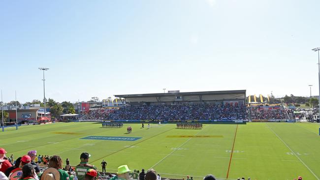 BRISBANE, AUSTRALIA - OCTOBER 10: A general view of the stadium is seen as players from both teams embrace for the national anthem during the 2021 QRL Intrust Super Cup Grand Final match between the Norths Devils and the Wynnum-Manly Seagulls at Moreton Daily Stadium on October 10, 2021, in Brisbane, Australia. (Photo by Bradley Kanaris/Getty Images)