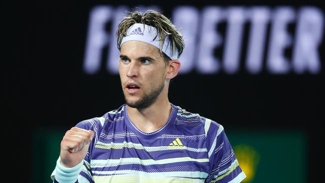 Dominic Thiem (AUT) in action against Rafael Nadal (ESP) in their quarter-final match on Rod Laver Arena. Picture: Mark Stewart