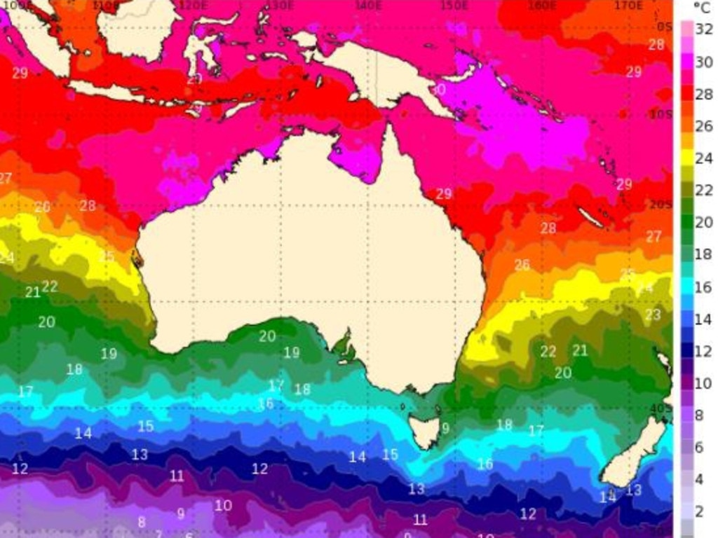 Sea surface temperatures around Australia. The so-called Ningaloo Nino marine heatwave is named after the Ningaloo Reef in WA Picture: BOM.