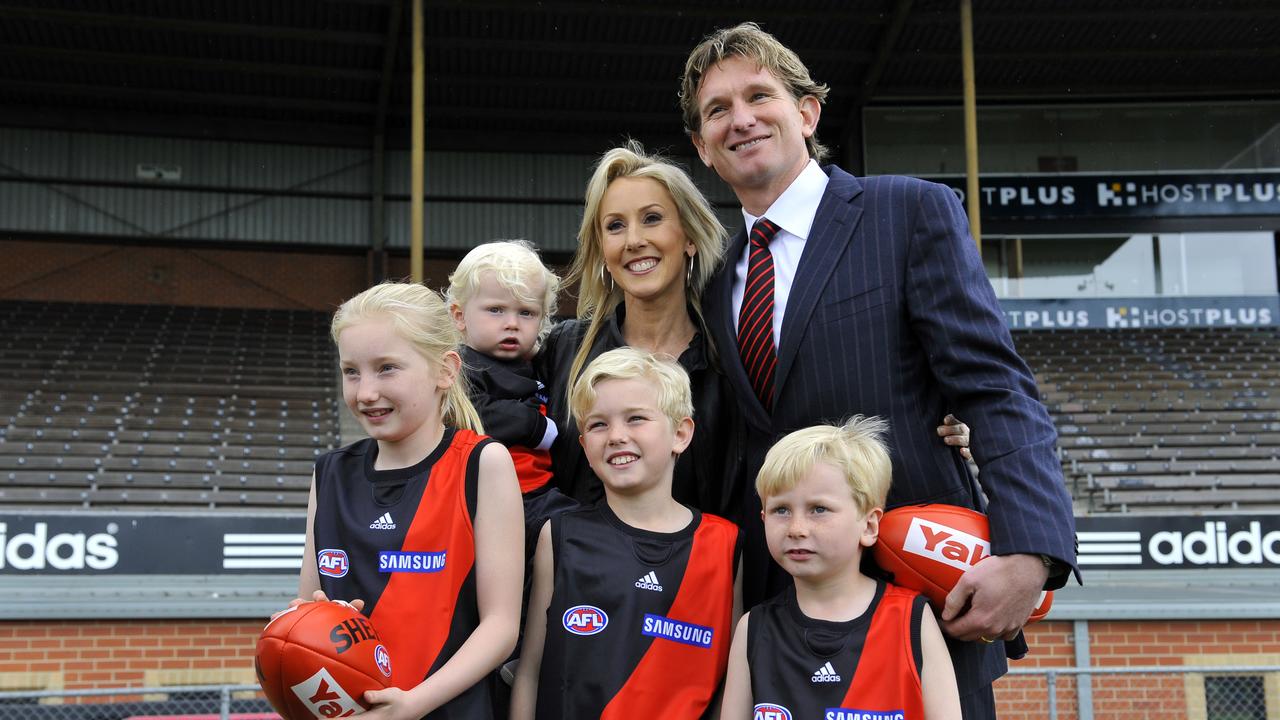 Former Essendon captain James Hird poses for a photo with his wife Tania and children in 2010. AAP Image/Julian Smith.