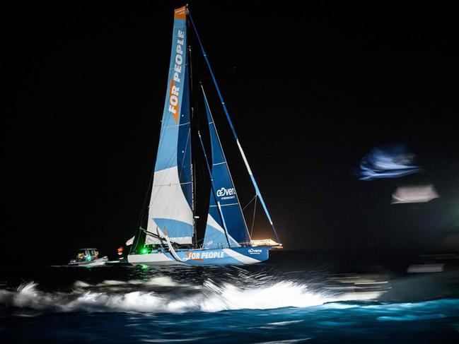 IMOCA sailing yacht “For People" approaches the finish line to win the Transat Jacques Vabre race from Le Havre to the French overseas island of Martinique. Picture: Loic Venance/AFP