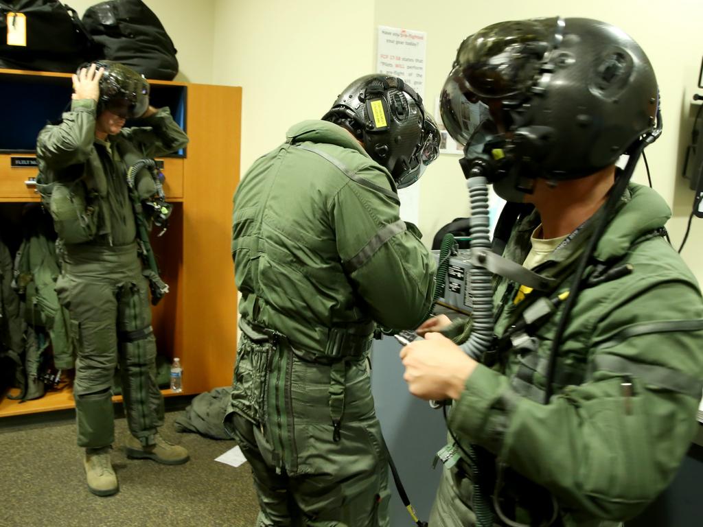 Australian Pilots training in the F35 fighter Jets Luke Airforce Base in Phoenix Arizona. Squadron Leader Wing Commander Darren Clare prepares for a flight. Picture: Nathan Edwards