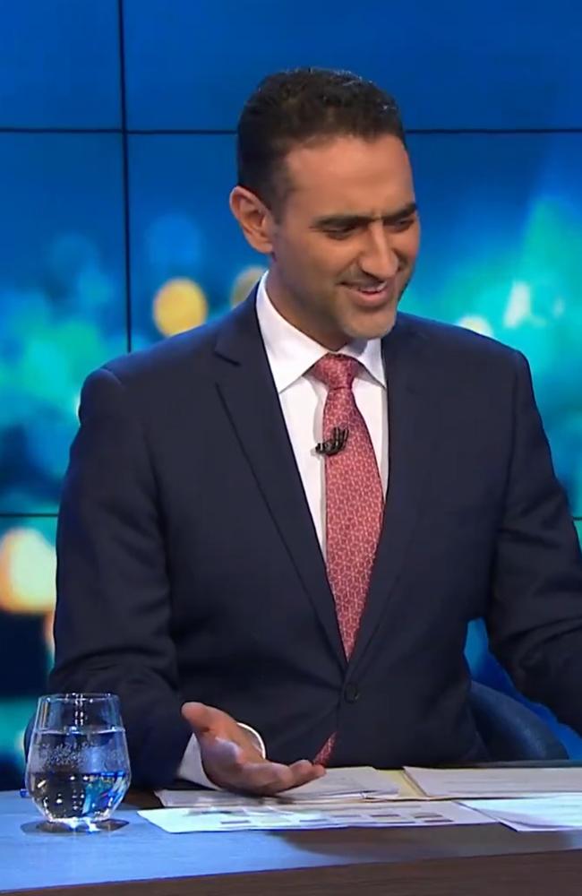 Waleed Aly couldn't hide his reaction to his co-star's remarks. Picture: 10.