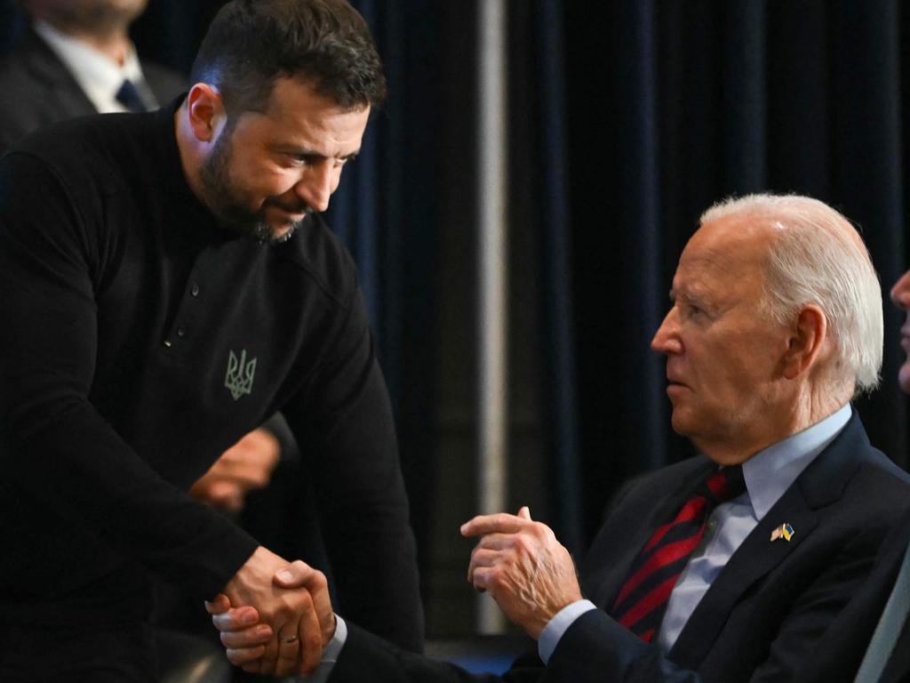 Ukrainian President Volodymyr Zelensky shakes hands with US President Joe Biden during an event with world leaders in New York. Picture: AFP