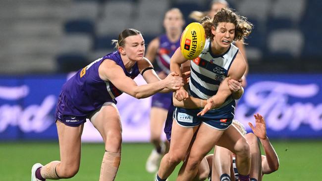 Geelong’s Nina Morrison gets the handball off against Fremantle. Picture: Quinn Rooney/Getty Images