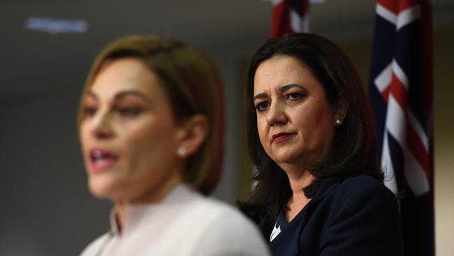 Queensland Premier Annastacia Palaszczuk (right) and then-Treasurer Jackie Trad are seen during a press conference at Parliament House in June 2018. (AAP Image/Dan Peled)