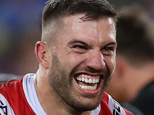 Roosters' James Tedesco celebrates victory during the 2019 NRL Grand Final between the Sydney Roosters and Canberra Raiders at ANZ Stadium on 6 October, 2019 in Sydney. Picture. Phil Hillyard