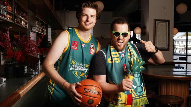 Finn Dare and Liam Carr-Davies staff at The Telegraph Hotel ready for the game. The Telegraph Hotel in Hobart is one of many venues showing game one of the finals series between the Tasmania JackJumpers and the Perth Wildcats from Perth. Picture: Nikki Davis-Jones