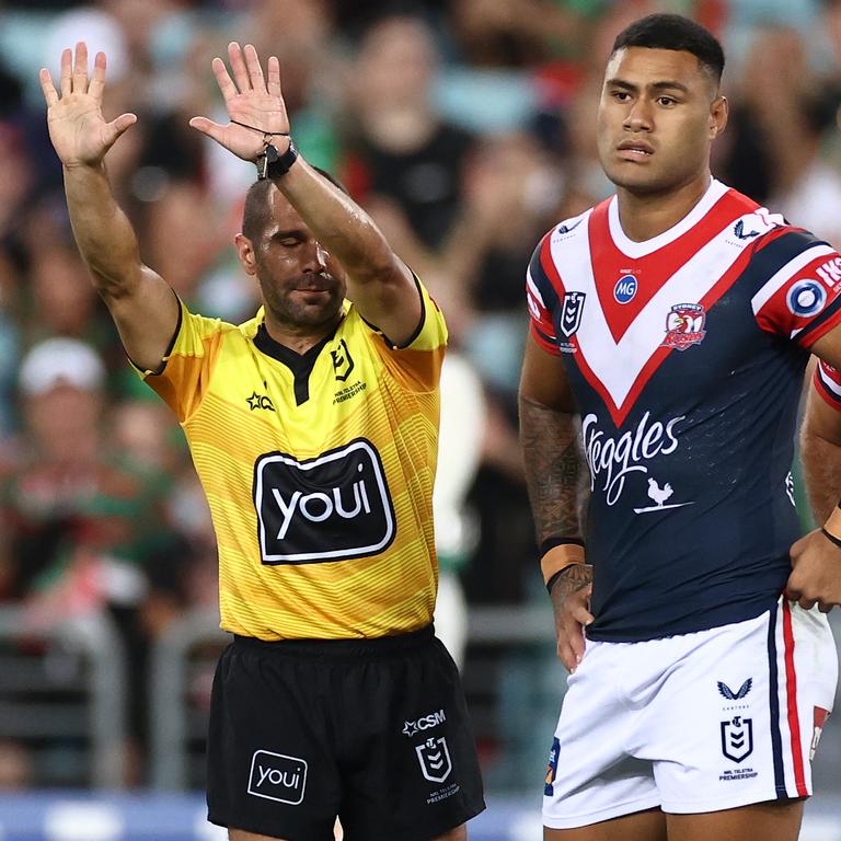 Daniel Suluka-Fifita of the Roosters is sent to the sin bin by referee Ashley Klein. Picture: Cameron Spencer/Getty Images