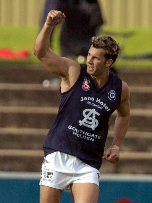 Jarrad Wright celebrates a goal during his playing days for South Adelaide.