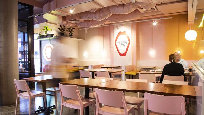 The pink interior at recently opened cafe and croissanterie Superthing in West End. Picture: Mark Cranitch.