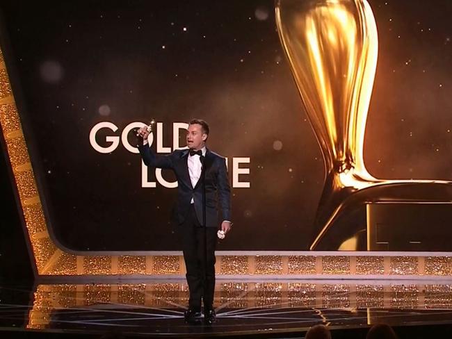 Screengrabs from 9's Coverage of the Logies as Grant Denyer accepts his Gold Logie