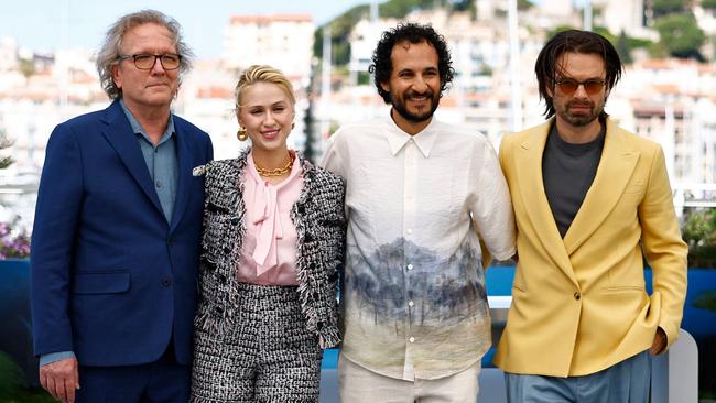 From left, actors Martin Donovan and Maria Bakalova, director Ali Abbasi and actor Sebastian Stan in Cannes for a showing of the film The Apprentice. Picture: AFP