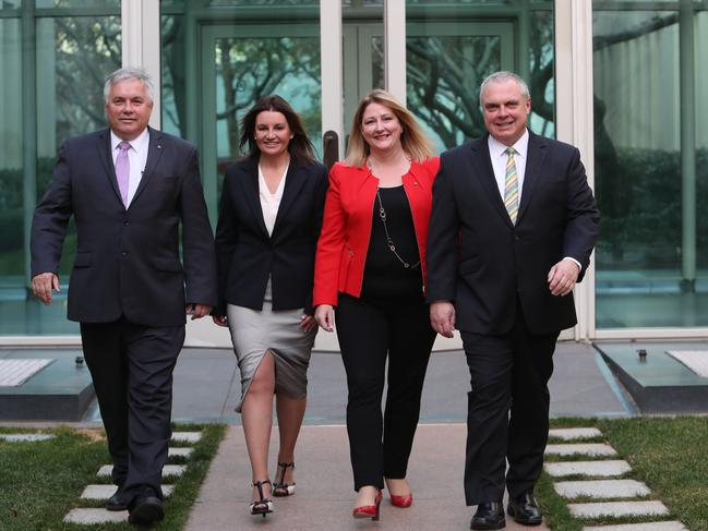 Senators Rex Patrick and Jacqui Lambie with Rebekha Sharkie MP and Senator Stirling Griff. Senator Lambie’s vote will be crucial in the senate to repeal the medevac laws. Picture: Kym Smith