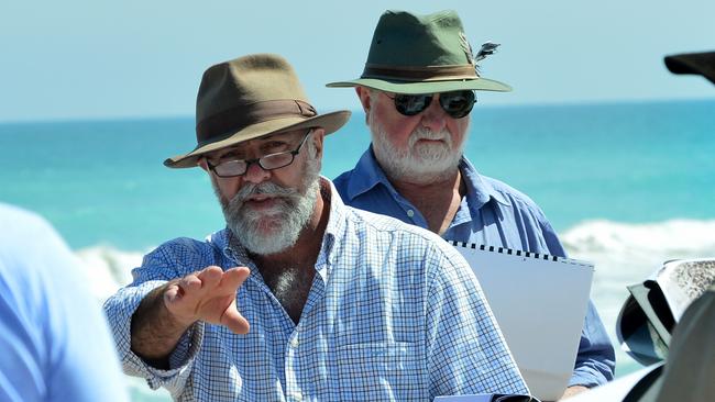 Prosecutor Jim Pearce SC and defence counsel Bill Boucaut SC speaking to the jury when they visited Salt Creek during the trial. Picture: Mark Brake