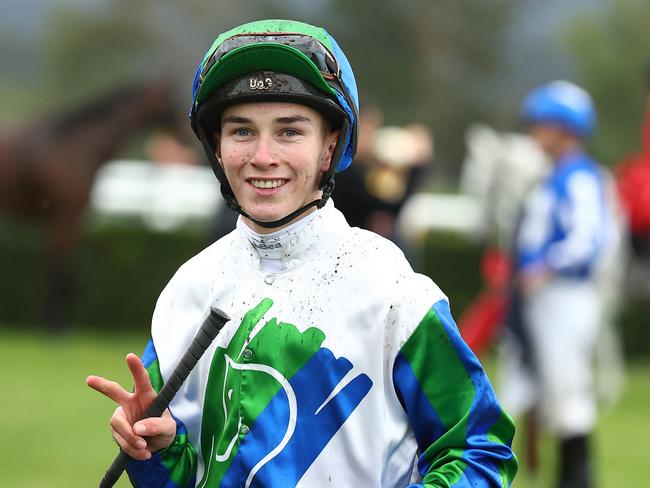 SCONE, AUSTRALIA - MAY 18: Zac Lloyd riding Fall For Cindy wins Race 8 Coolmore Dark Jewel Classic during the "Coolmore Dark Jewel Day" at Scone Race Club on May 18, 2024 in Scone, Australia. (Photo by Jeremy Ng/Getty Images)