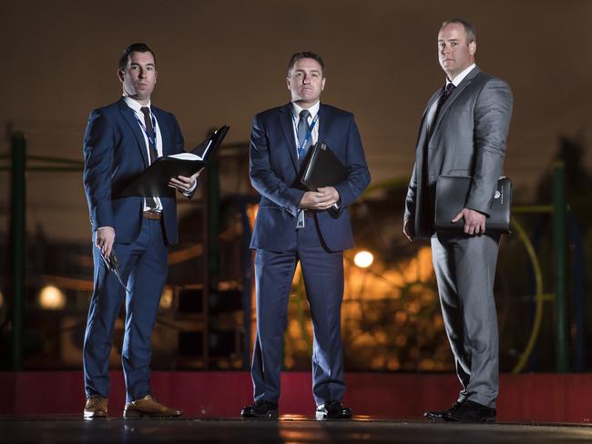 Detective Senior Constable, Karl Little, detective Senior Sergeant Brett Kahan and detective Senior Constable Ben Nash are detectives from Taskforce Wayward assigned to monitor 64 youths. Picture: Jason Edwards