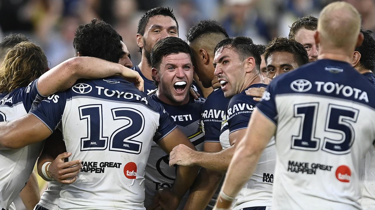 Chad Townsend of the Cowboys celebrates after kicking the winning field goal in extra time. (Photo by Ian Hitchcock/Getty Images)