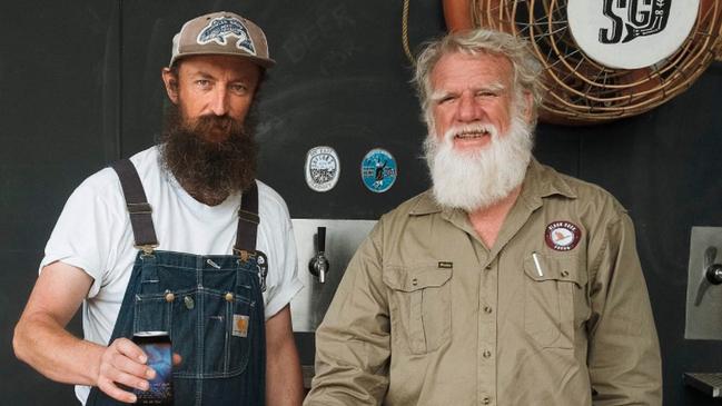 South coast's Ryefield Hops has joined author Bruce Pascoe (right) and Sailors Grave’s Chris (left) and Gab Moore to create unique Dark Emu beer. Picture: Sailors Grave