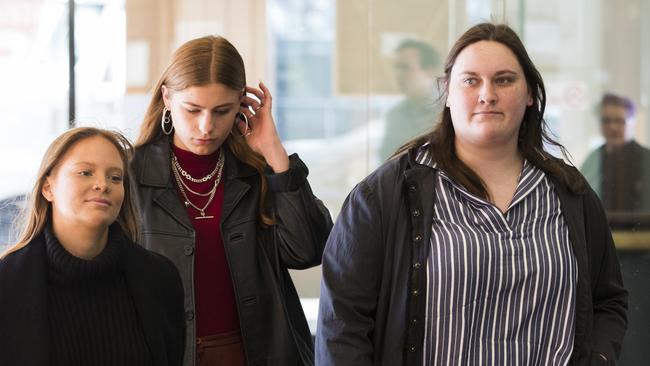 Genevieve Horsley (far right) entering Downing Centre Court, made the drug deals through a Facebook page that pretended to sell vegetables. Picture: Dylan Robinson