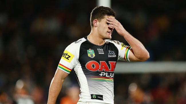 Nathan Cleary reacts during Penrith’s loss to the Warriors. Picture: Getty Images