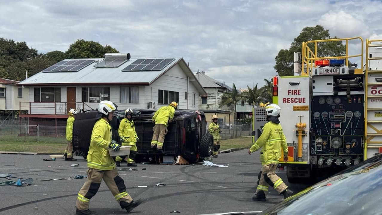 One of the vehicles landed on its side.