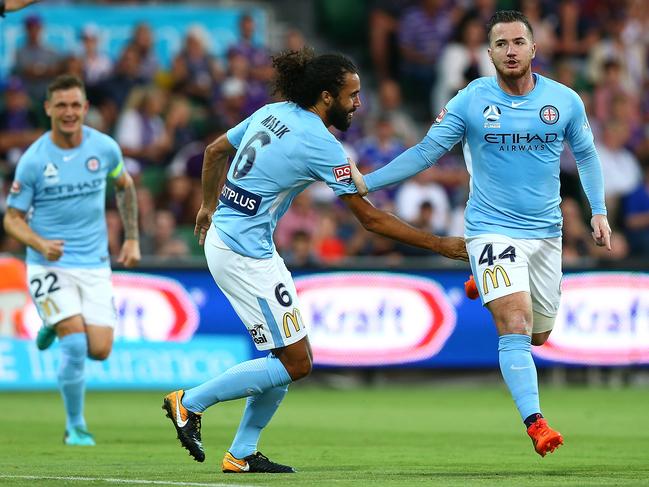 PERTH, AUSTRALIA - JANUARY 09:  Ross McCormack of Melbourne celebrates a goal during the round 15 A-League match between the Perth Glory and Melbourne City FC at nib Stadium on January 9, 2018 in Perth, Australia.  (Photo by Paul Kane/Getty Images)