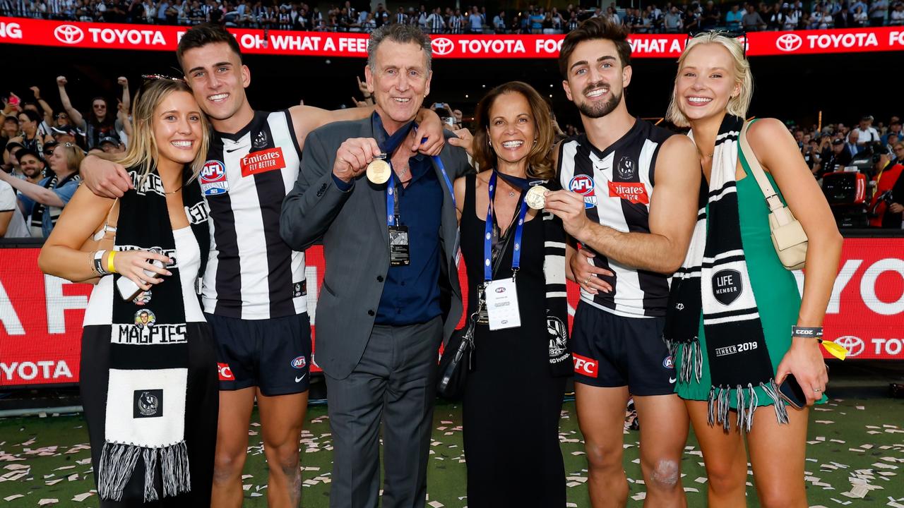 Nick and Josh Daicos with parents Peter Colleen Daicos and partners Arlette Amor and Annalise Dalins. Picture: Dylan Burns/AFL Photos