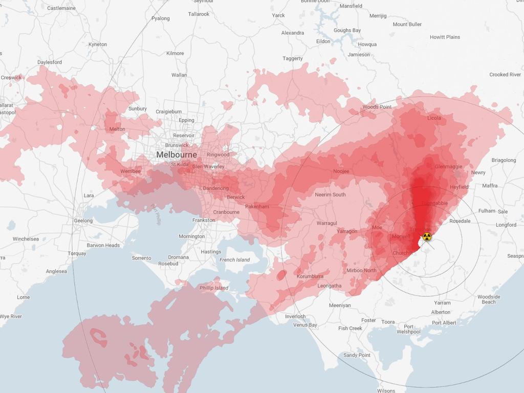 The Caesium-137 footprint left over from the 2011 Fukushima nuclear disaster mapped over nuclear power proposed for Loy Yang, Victoria.