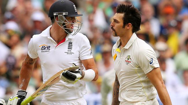 Kevin Pietersen and Mitchell Johnson exchange words during the Boxing Day Test in 2013. Picture: Colleen Petch