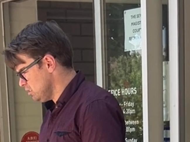 Matthew Wade leaving the Seymour Magistrates’ Court after he was charged with soliciting and transmitting child abuse material. Picture: Oscar Jaeger