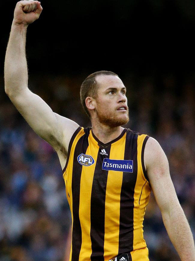 Roughead celebrates after kicking truly. Picture: Colleen Petch