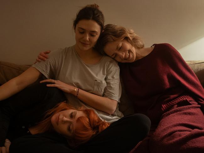 Natasha Lyonne (front), Elizabeth Olsen and Carrie Coonin His Three Daughters. Picture: Sam Levy/Netflix