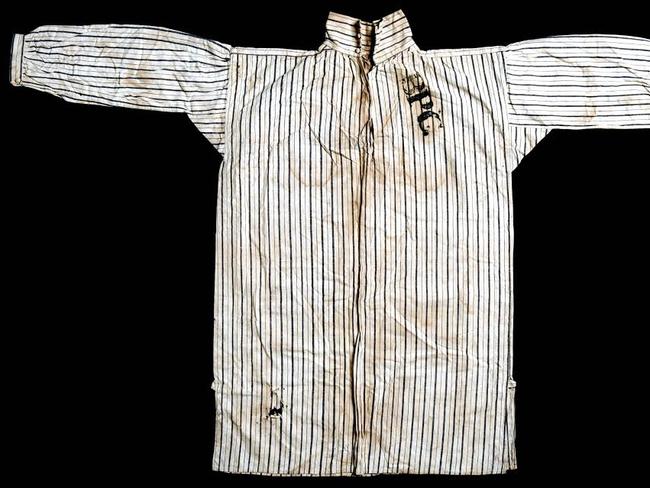 A convict shirt found concealed in a wall north of Hobart, where convict gangs were building the Bridgewater crossing of the Derwent River.