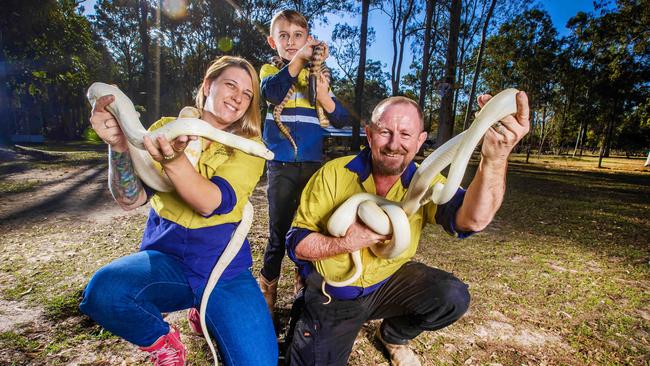 Gold Coast and Brisbane snake catcher Tony Harrison with wife Brooke and son Jensen. Picture: Nigel Hallett