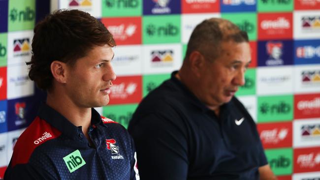 Kalyn Ponga alongside his father, Andre, after re-signing with Newcastle. Peter Lorimer/Getty