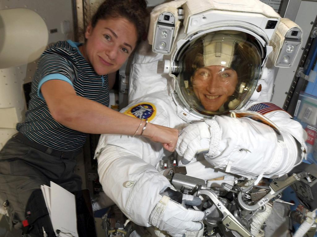 Christina Koch, right, and, Jessica Meir on the International Space Station. Picture: NASA via AP