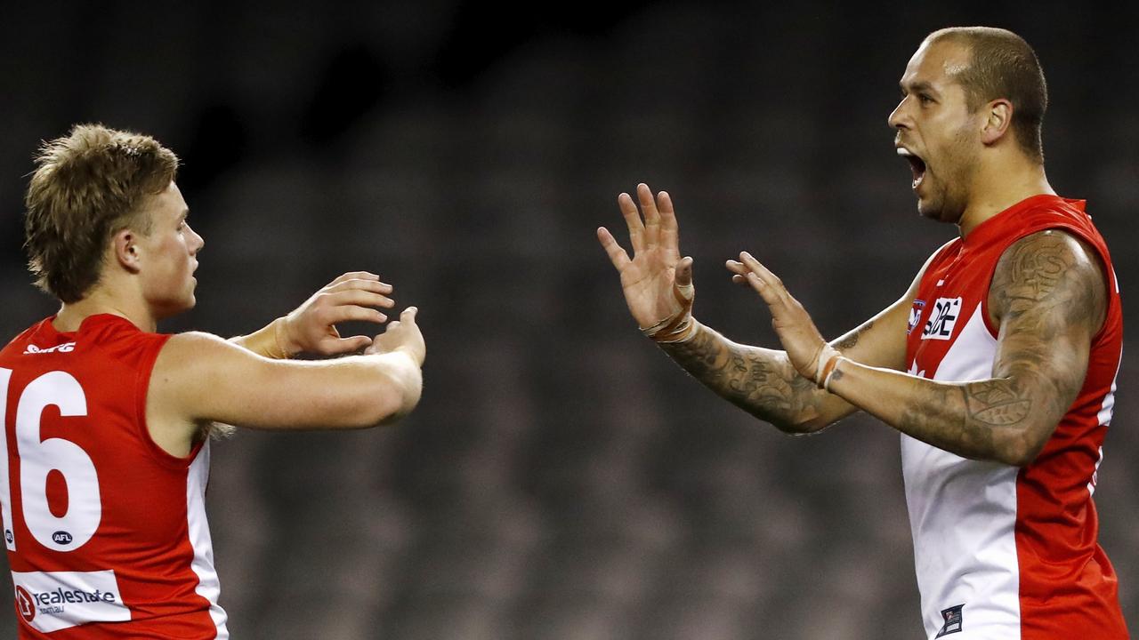 Franklin (R) kicked six as the Swans stormed home to a huge win. (Photo by Dylan Burns/AFL Photos via Getty Images)