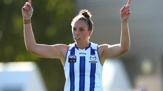 Emma King kicks a goal against Melbourne. Picture: Getty Images