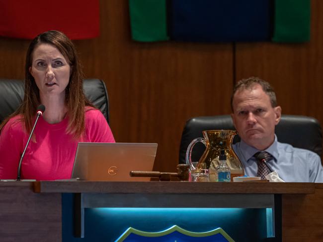 Cairns Regional Council Mayor Amy Eden and CEO John Andrejic during the ordinary Council meeting on June 5th. Picture Emily Barker.