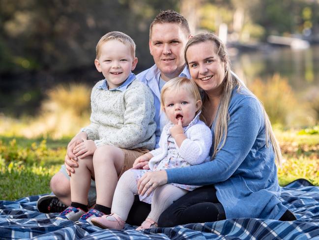 The Holt family — dad Joshua, mum Jacqueline, three-year-old Vincent and Jemima, aged one — have welcomed the preschool fee relief. Picture: Julian Andrews