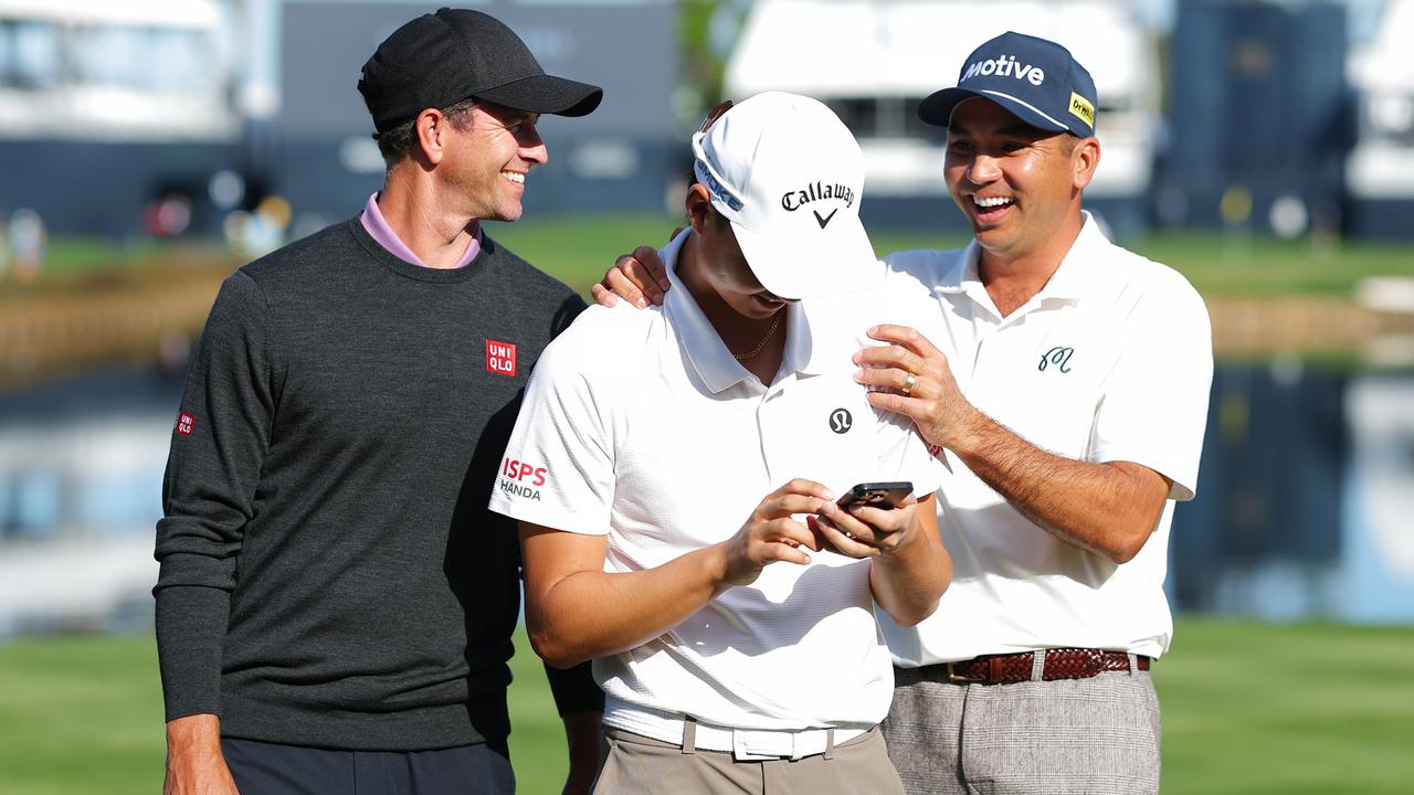 Min Woo Lee after taking a selfie with Adam Scott and Jason Day in Florida. Picture: Kevin C. Cox/Getty Images