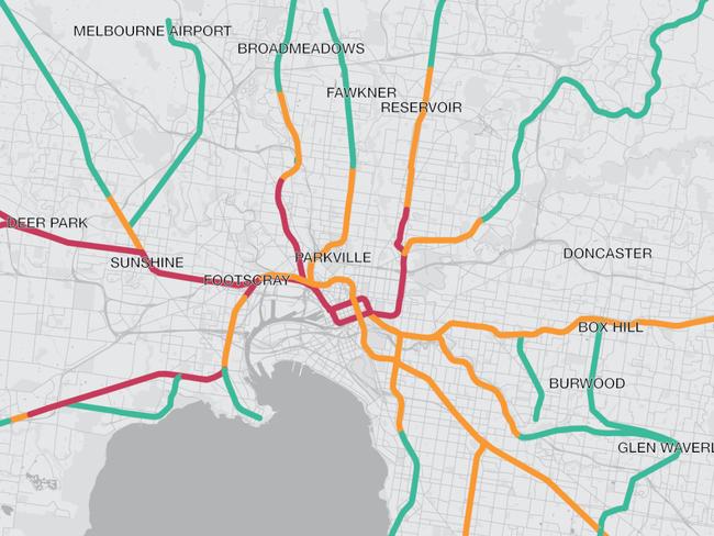 Map of Melbourne train network, with red corridors the most under pressure from congestion.