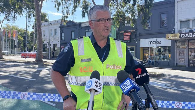 Victoria Police's Detective Sergeant Stephen Hill of the Major Collision Investigation Unit speaking at the scene. Picture: Olivia Jenkins