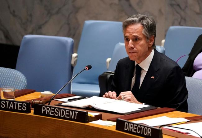 US Secretary of State Antony Blinken speaks during the United Nations Security Council meeting on food security, at the UN headquarters in New York City on August 3, 2023