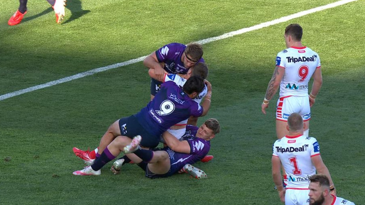 Storm player Max King's ordinary tackle on Blake Lawrie.