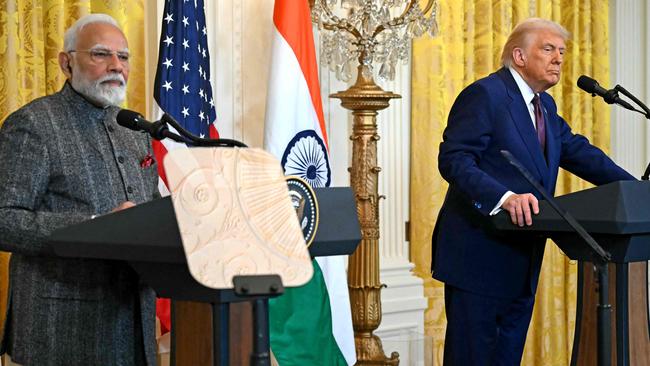 US President Donald Trump and Indian Prime Minister Narendra Modi hold a joint press conference in the East Room. Picture: AFP.