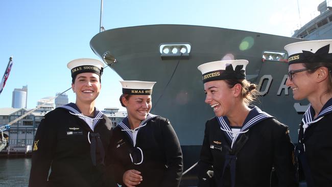 Former and current Naval officers farewelled the ship at Garden Island. Picture: David Swift