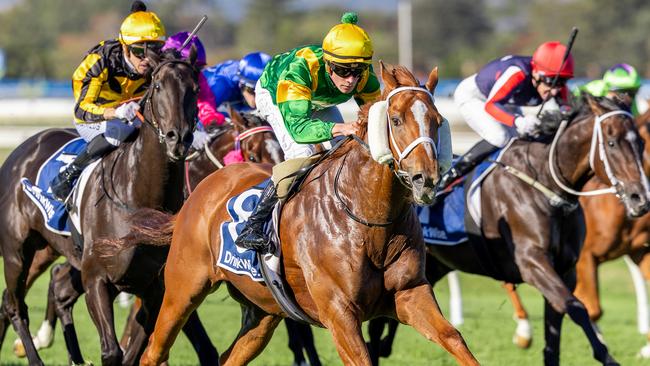 Regal Azmon, ridden by Lachlan Neindorf, wins the Cummings Stakes at Morphettville on Saturday. Picture: Makoto Kaneko